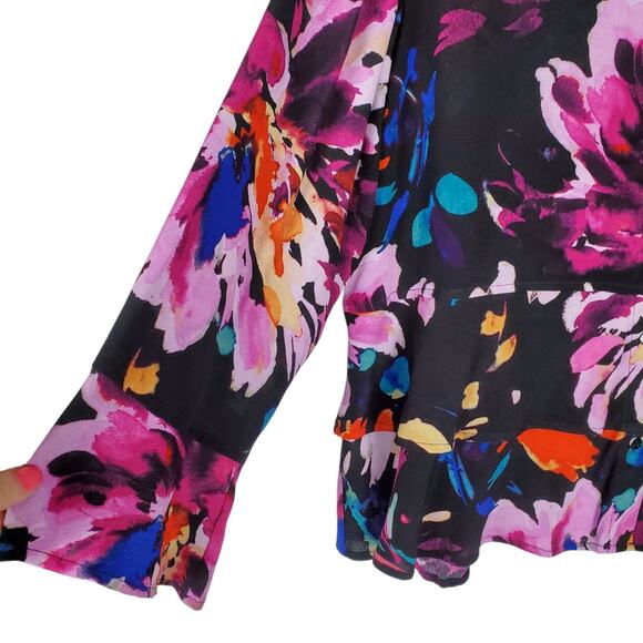 Habitat Clothes To Live In Button Up Shirt XL Floral Splash Ruffle Long Sleeve - Picture 2 of 11